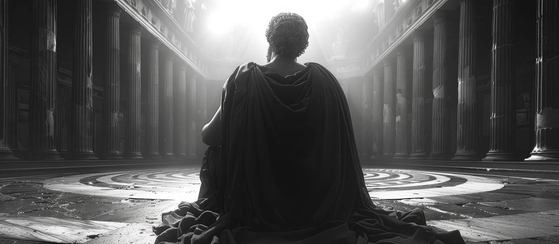 Figura con toga, sentada de espaldas en una gran sala de columnas, frente a un haz de luz; en blanco y negro